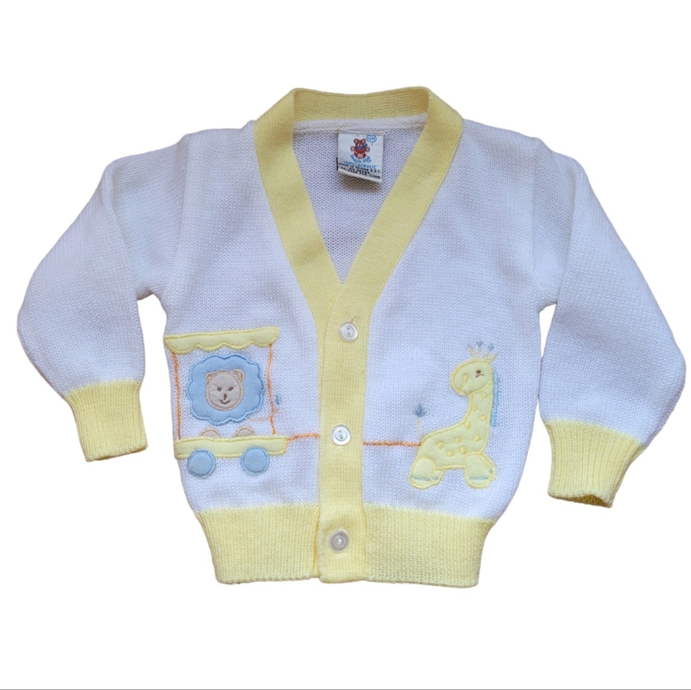 Vintage 1980s Snuggle Alert pastel zoo animal baby cardigan